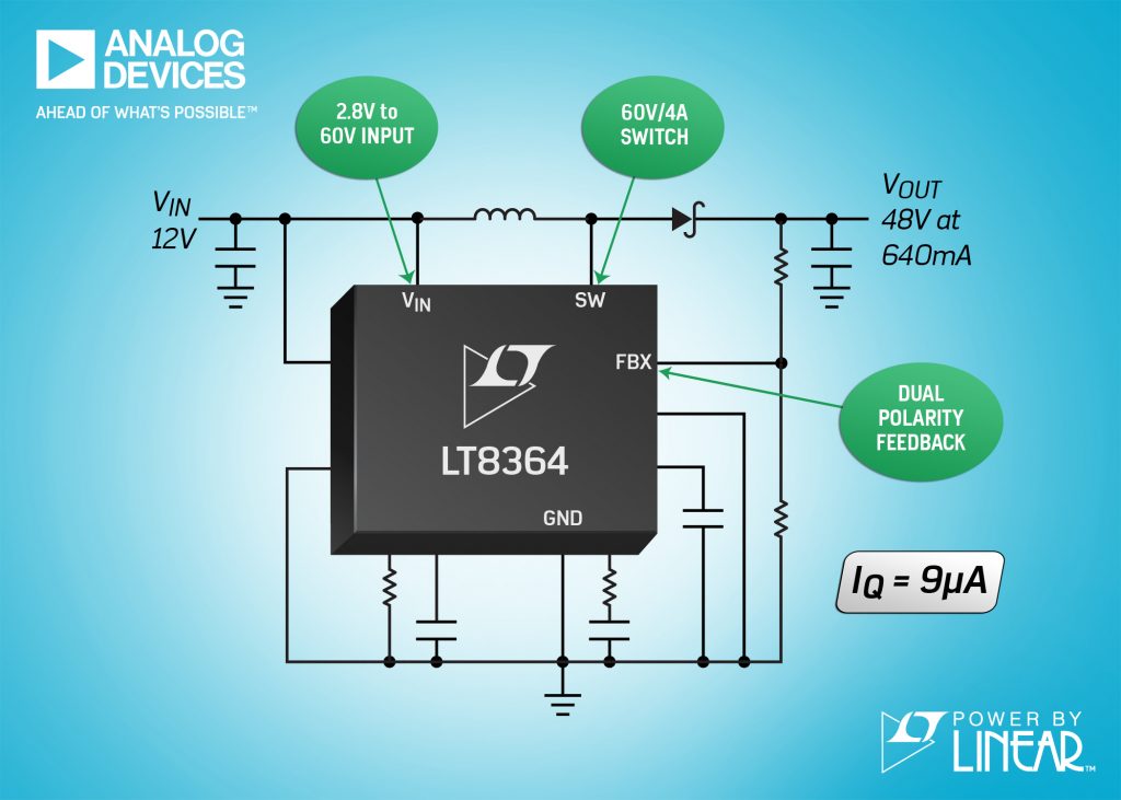 LT8364 current mode step-up regulator has 2.8V – 60V input range LT8364 current mode step-up regulator has 2.8V – 60V input range
