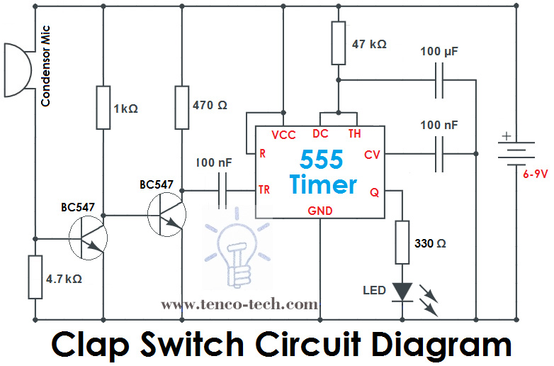 Clap On Clap Off Switch Circuit Diagram using 555 timer IC