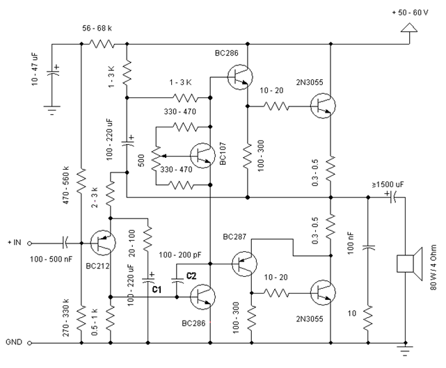 2n3055 transistor stereo amplifier circuit