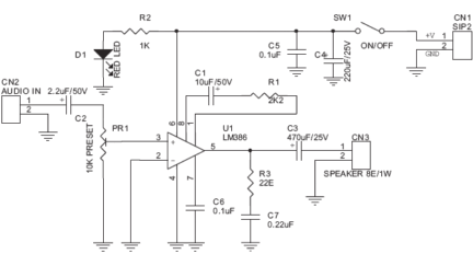 Tiny audio amplifier using LM386
