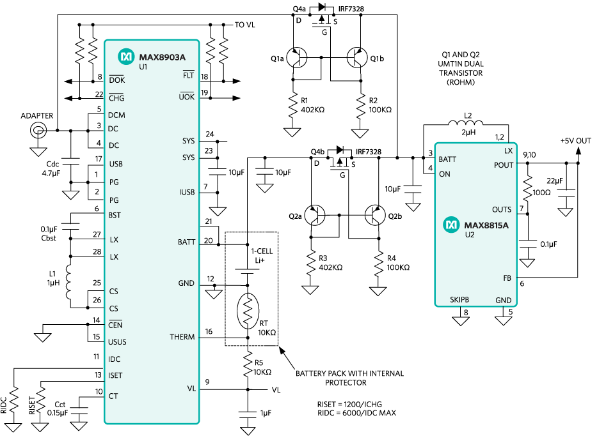 Get a constant +5V output by switching between a +5V input and a single-cell LI+ rechargeable cell