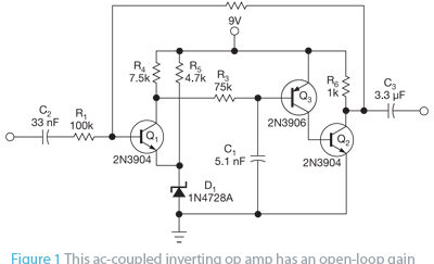 Build an op amp with three discrete transistors