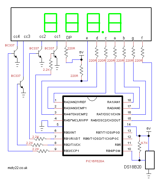 4 Digit Thermometer using DS18B20 and PIC16F628A