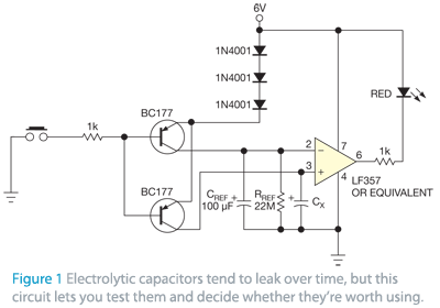 Circuit lets you test capacitors for leakage Circuit lets you test capacitors for leakage