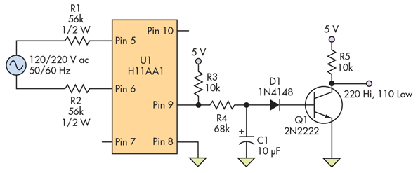 Isolated Circuit Digitally Indicates 120-/220-V Line Voltage