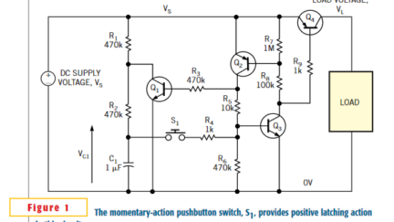 Latching power switch uses momentary-action pushbutton