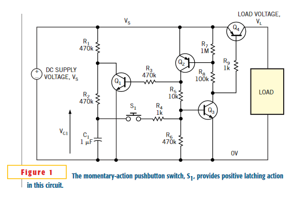 Latching power switch uses momentary-action pushbutton