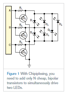 “Chipiplexing” efficiently drives multiple LEDs using few microcontroller ports