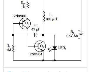 Simple two-transistor circuit lights LEDs