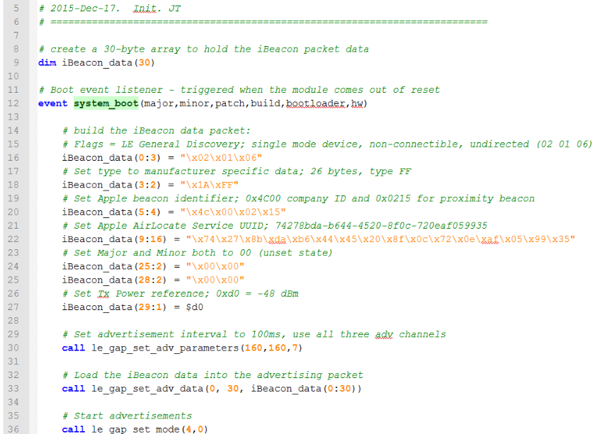 BGScript iBeacon example code for the BGM111 Bluetooth low energy module