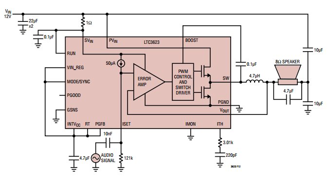 LTC3623 – Switching regulator doubles as Class-D audio amplifier LTC3623 – Switching regulator doubles as Class-D audio amplifier