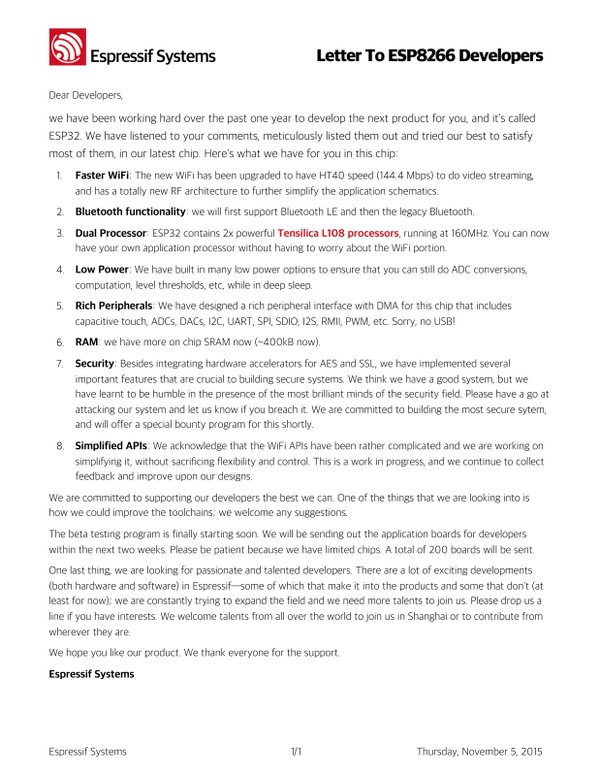 Public Release of ESP32 SoC The Big Brother Of ESP8266