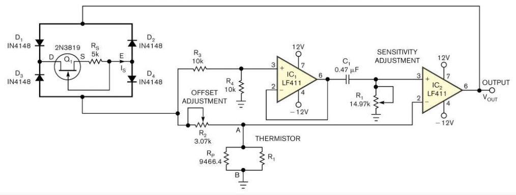 Temperature-to-period circuit provides linearization of thermistor response