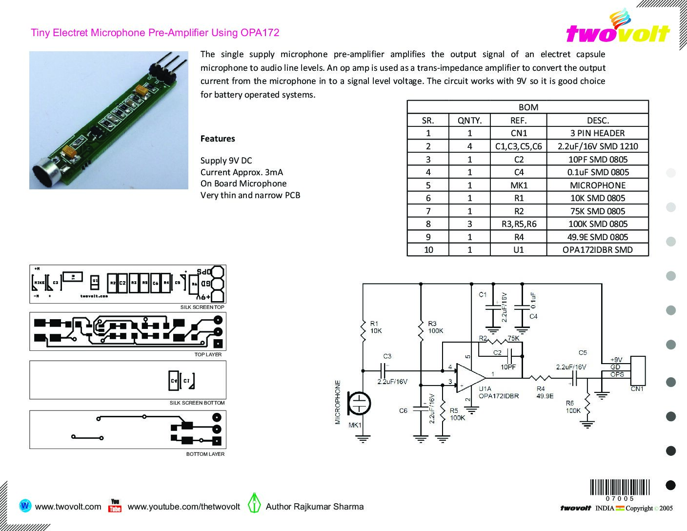 Tiny Electret Microphone PreAmplifier Using OPA172