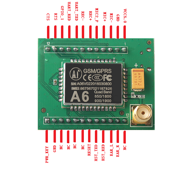 A6 GSM GPRS Module Pinout