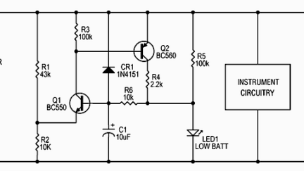 Simple circuit indicates a low battery