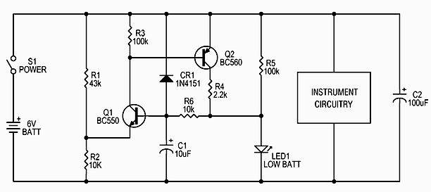 Simple circuit indicates a low battery