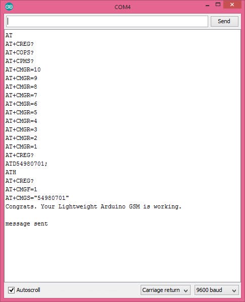 Serial Monitor shows the AT command log