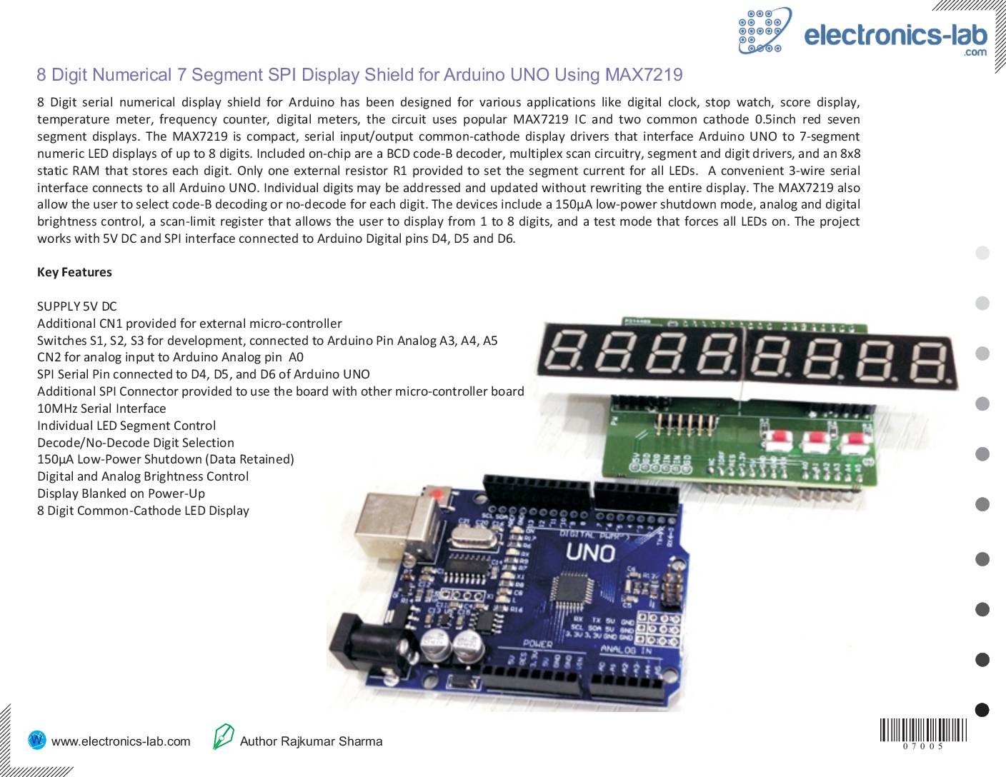 8 DIGIT NUMRICAL SPI DISPLAY SHIELD FOR ARDUINO UNO - Electronics-Lab.com