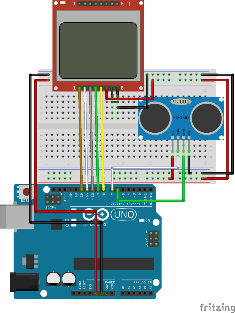 Arduino distance meter with Ultrasonic Sensor (HC SR04) and Nokia 5110 LCD display