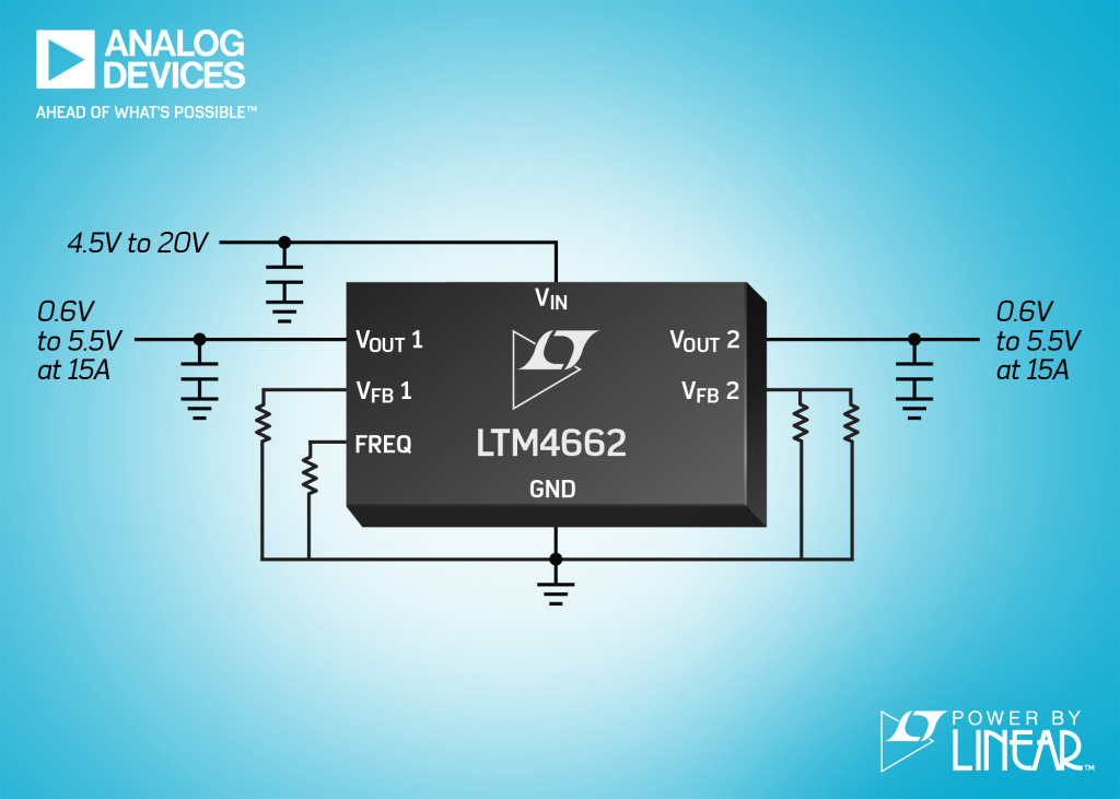 Dual 15A or Single 30A µModule Regulator with Stacked Inductor Package is 96% Peak Efficient
