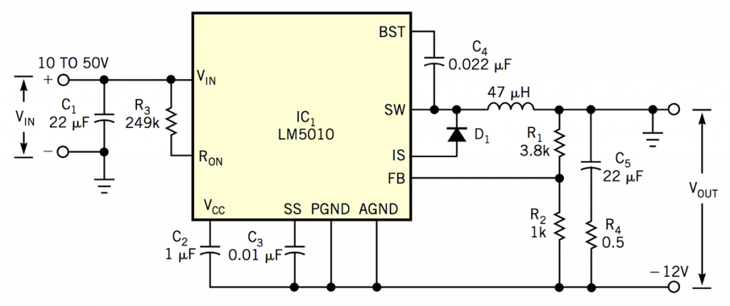 Constant-on-time buck-boost regulator converts a positive input to a negative output