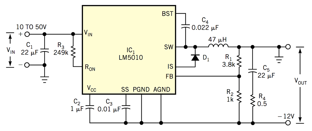 Constant-on-time buck-boost regulator converts a positive input to a negative output