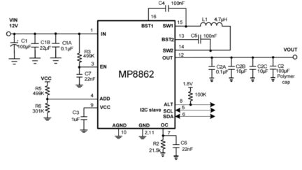 2.8Vin to 22Vin, 2A lout, 4-Switch Integrated Buck-Boost Converter with I2C Interface