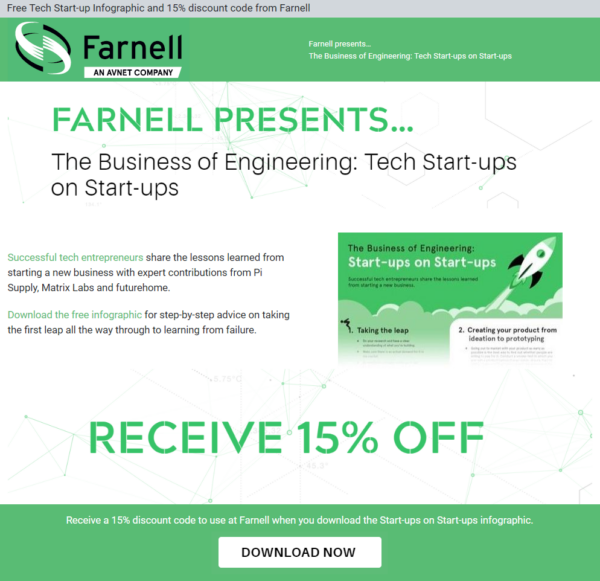 Free Tech Startup Infographic and 15 discount code from Farnell