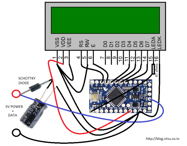 16 x 2 LCD controlled via power line