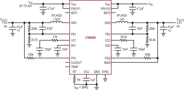 Dual-Channel, 42 V, 4 A Monolithic Synchronous Step-Down Silent Switcher 2
