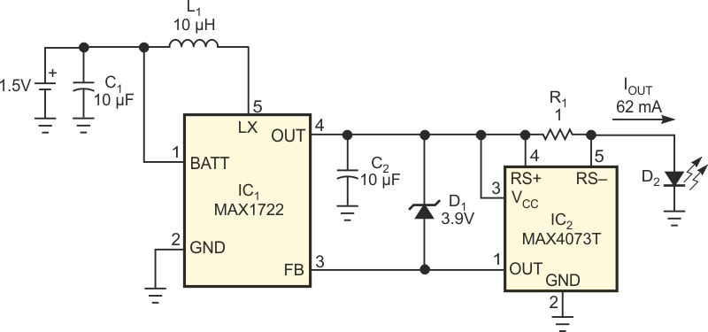 1.5V battery powers white-LED driver