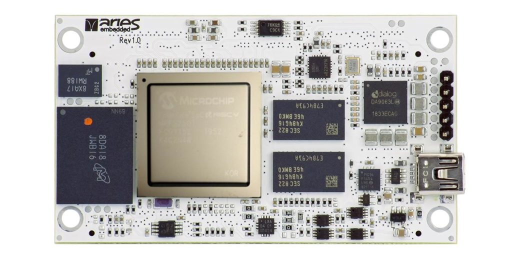 SoM based on Microchip’s low-power PolarFire RISC-V SoC FPGA