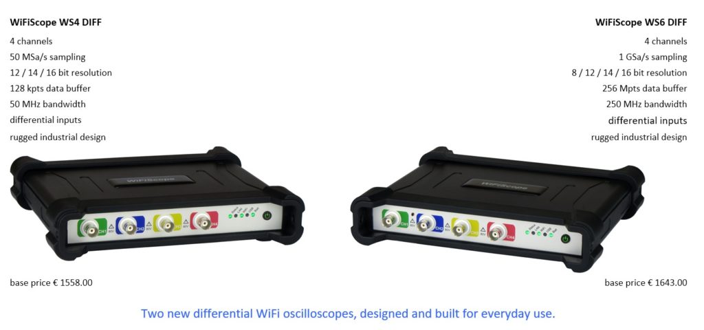 TiePie engineering WiFiScope WS6 DIFF and WiFiScope WS4 DIFF oscilloscopes