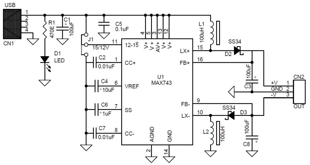 USB (5V) to Dual Output +/15V or +/12V StepUp DCDC Converter