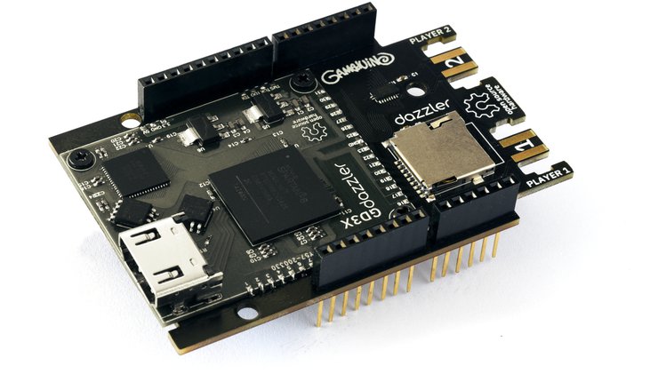 Gameduino 3x Dazzler is an Arduino shield with a GPU, FPGA and an HDMI Port onboard.