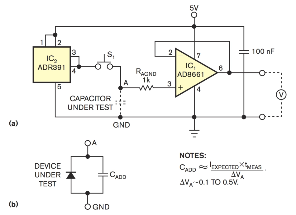 Simple fixture determines leakage of capacitors and semiconductor switches