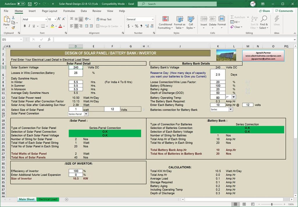 Calculate Size of Solar Panel, Battery Bank and Inverter (MS Excel Spreadsheet) Calculate Size of Solar Panel, Battery Bank and Inverter (MS Excel Spreadsheet)