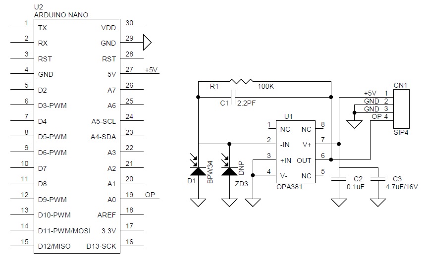 Photodiode Amplifier for Visible Light Using OPA381 – Arduino Nano Shield