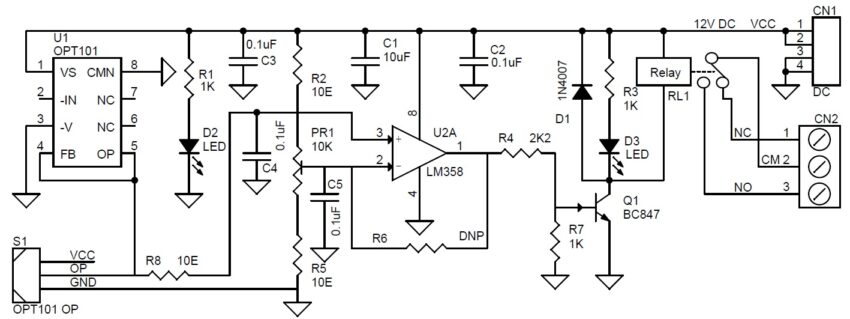 Analog Light Sensor + Light Sensitive Switch using OPT101 - Electronics-Lab