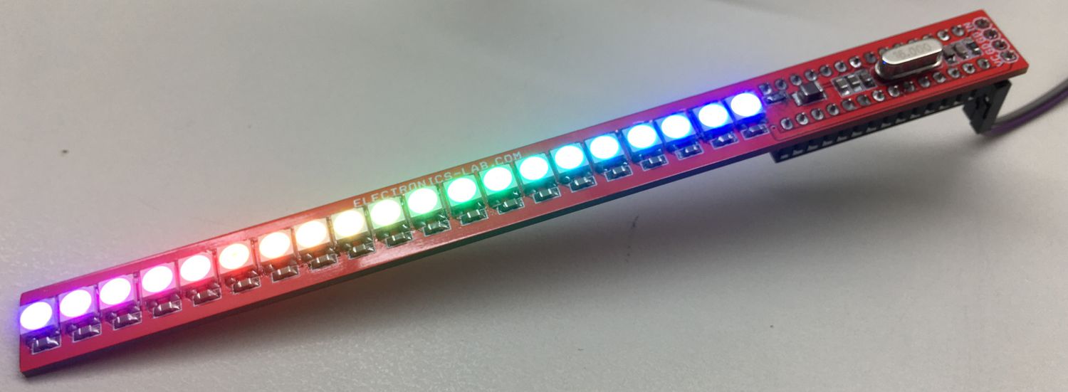 This is a Smart LED light stick that contains 20 x WS2812B single wire addressable full colors RGB LEDs and Atmega328 microcontroller. These full colo