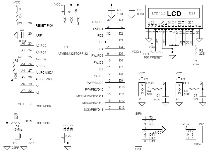 Low Cost Room Thermometer Using 16×2 LCD and Atmega328