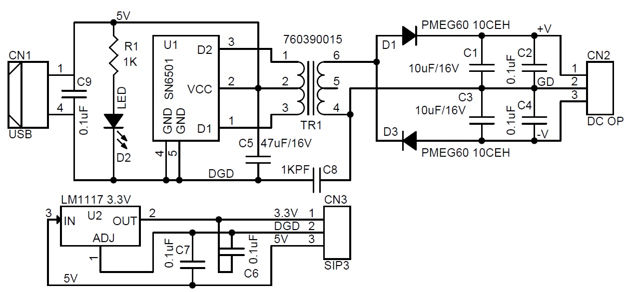 +/18V Isolated DCDC Converter Dual Supply Output from USB 5V Power Input