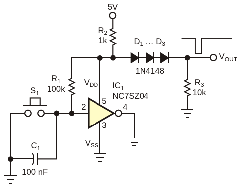 Switch debounce circuit uses only one gate