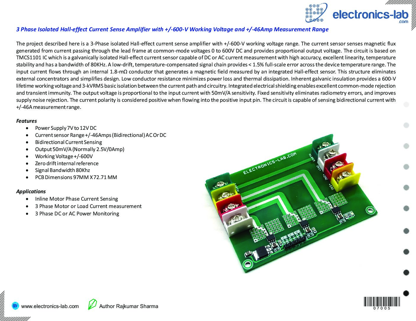 3 Phase Isolated Halleffect Current Sense Amplifier with +600V