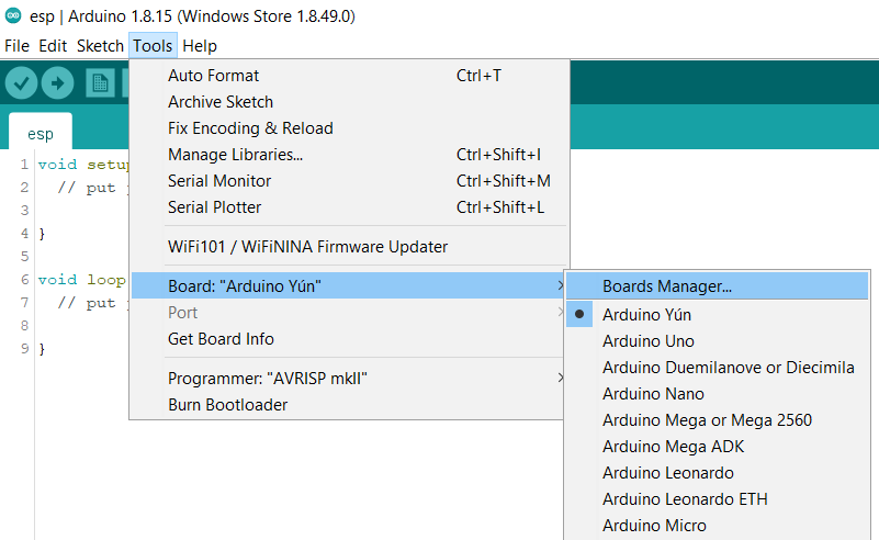 Boards Manager on Arduino IDE