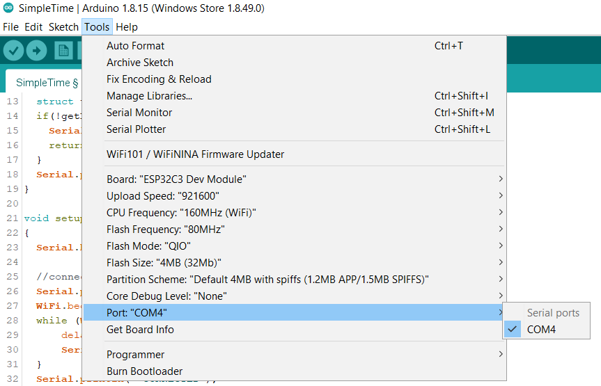 Port COM4 for ESP32-C3-DevKITM-1