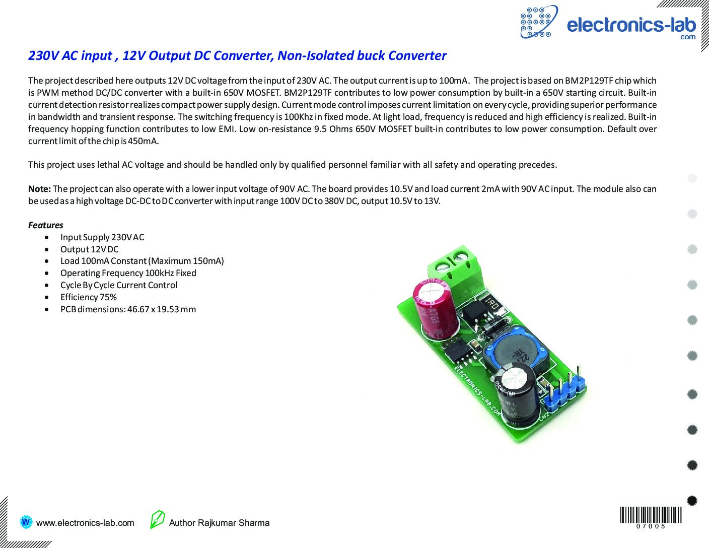230V AC Input 12V Output DC Converter, NonIsolated Buck Converter