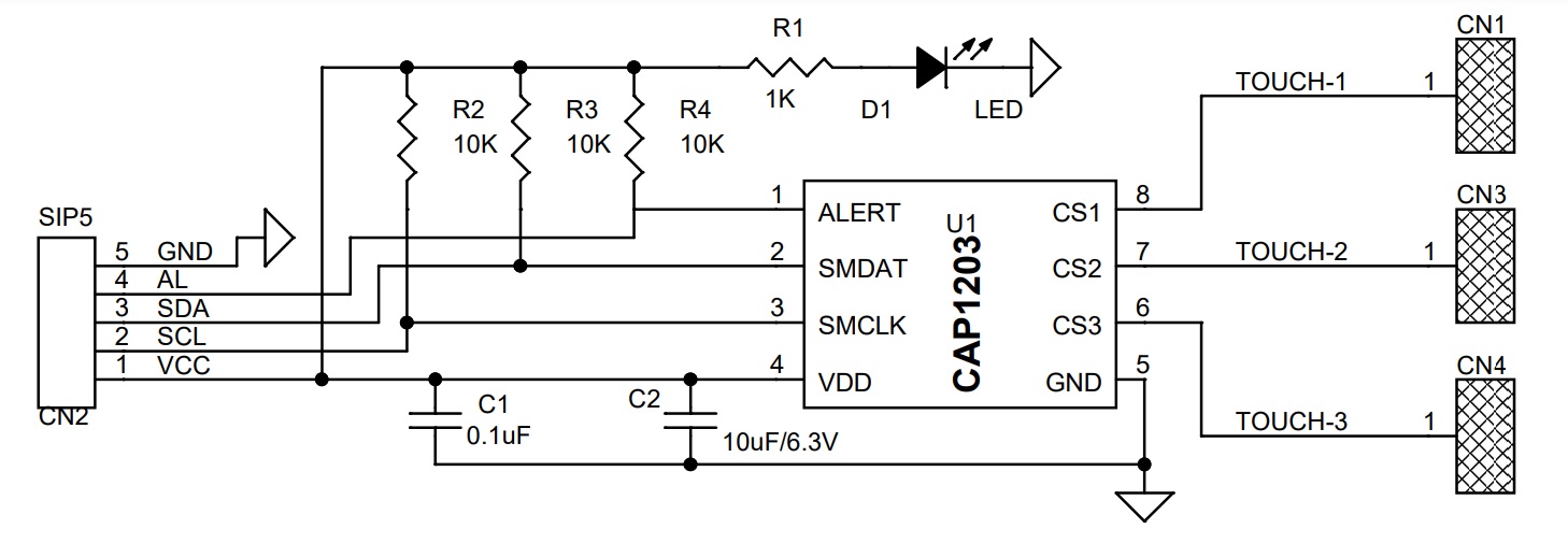 Esquemático del CAP1203 para el sensor táctil capacitivo Esquemático del CAP1203 para el sensor táctil capacitivo