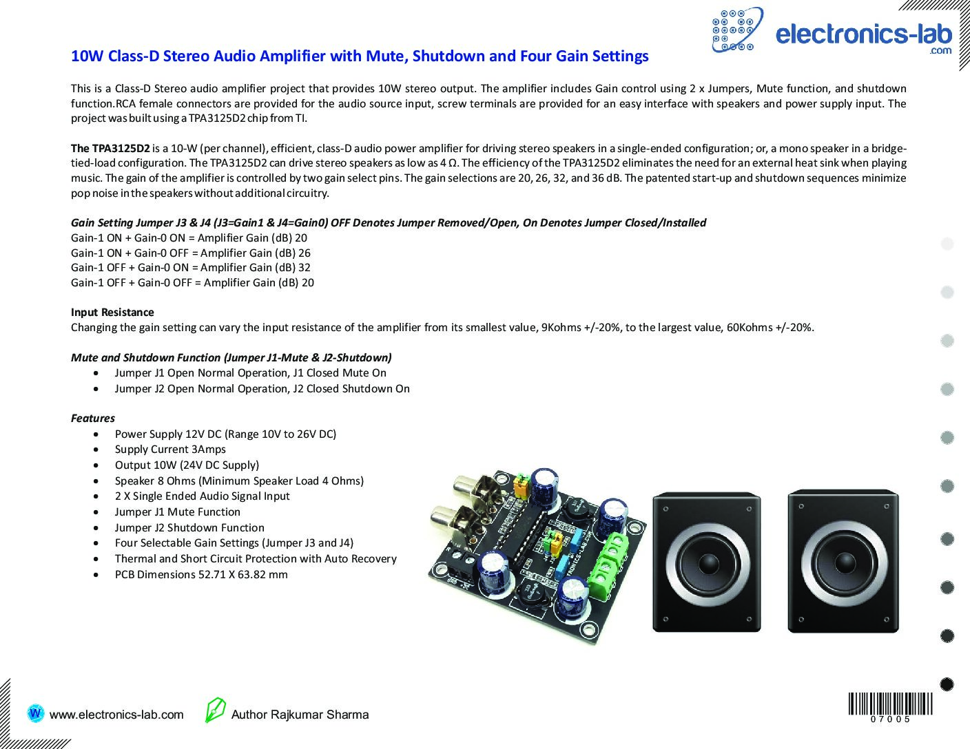 10W ClassD Stereo Audio Amplifier with Mute, Shutdown and Four Gain